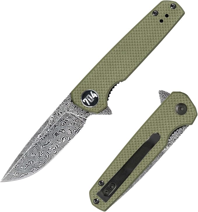 704 Gear Blitz EDC Folding Pocket Knife | Compact 2.98 Blade Damascus Steel G10 Handle Reversible Pocket Clip | Olive Drab Green with Damascus Steel