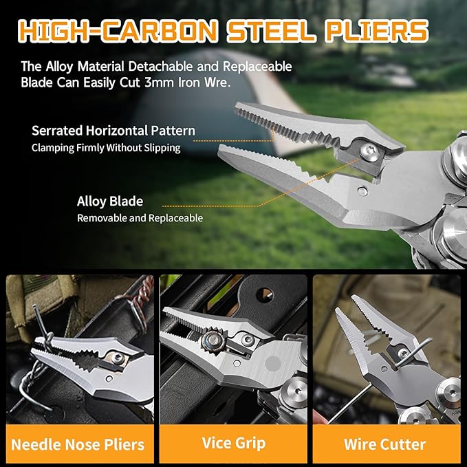 23-in-1 Multitool Pliers with ScissorsWindow Breaker Saw ScrewdriversRope CuttersFlint High-carbon Steel Multi Tool with Carrying Pouch Ideal for Camping Survival and Gift for Him Dad Men