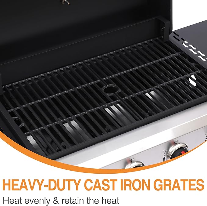 4 Burner Gas Grills Outdoor Cooking Propane Gas Grill BBQ Grill Portable Barbecue Grills with Cast Iron Grate Pan and Folding Side Table 40000 BTU Output Easy-Clean