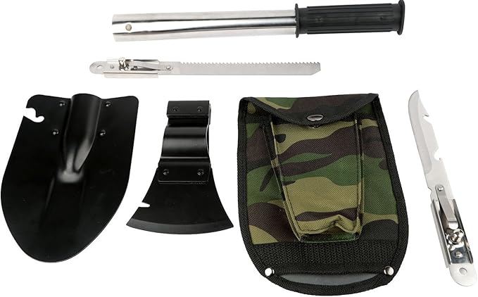 GPCT Emergency Camping Compact Tools Kit (6 In 1 Shovel Axe Knife Saw Bottle Opener Nail Puller with Pouch Tool Snap-On Rubber Handle)