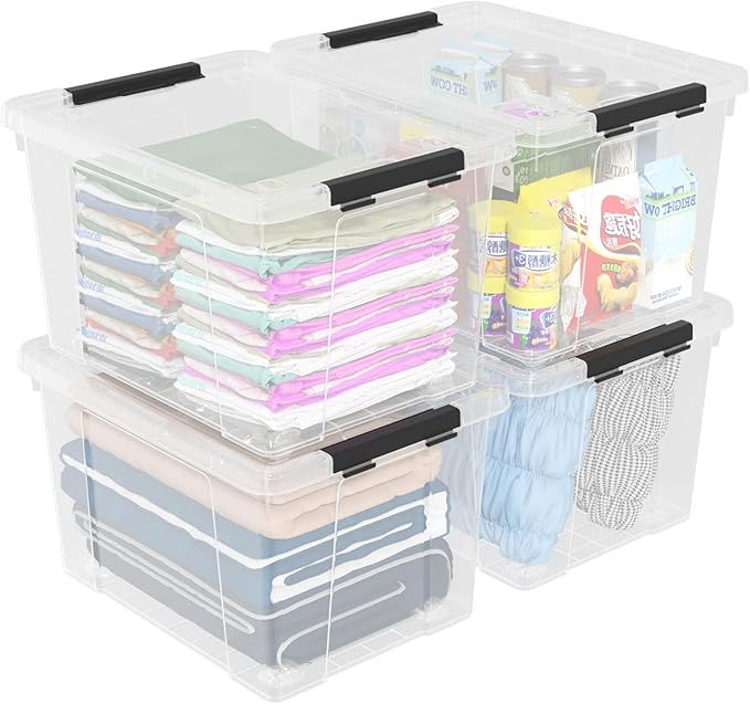 4 Pack 50 Quart Clear Plastic Storage Bins with Lids and Wheels Large Stackable Latching Container Boxes for Clothes Bedding Garage Organization