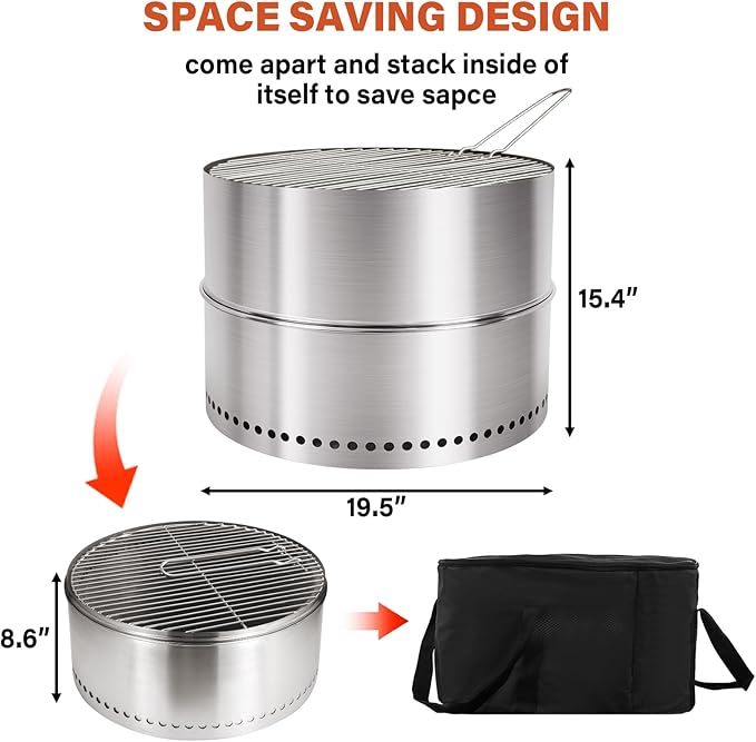 HGD 19.5 Inch Smokeless Firepit with Grill Portable Wood Burning Fire Pit for Camping &amp Backyard Stainless Steel Outdoor Fireplace with Travel Bag Easy Setup &amp Compact Storage - Foldable De