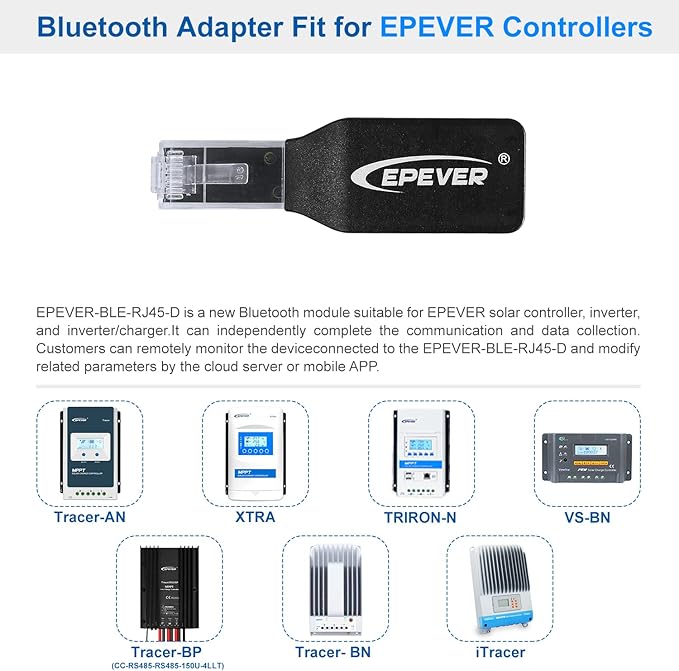 EPEVER Bluetooth Adapter Remote Control with Real Time Data for Tracer-an/BN/Xtra Plug and Play RJ45 RS485 Communication (BLE-RJ45-D)