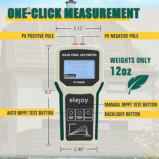 Upgrade 1800W Solar Panel Tester MPPT Photovoltaic Panel Multimeter Smart MPPT Tools for Testing Solar PV Panel Open Circuit Voltage &amp Troubleshooting LCD &amp Multiple Safety Protections