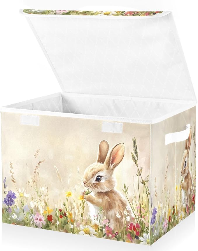 senya Easter Baskets Collapsible Storage Bins with Lids Flowers Rabbit Oil Painting Storage Boxes Clothes Baskets for Organizing