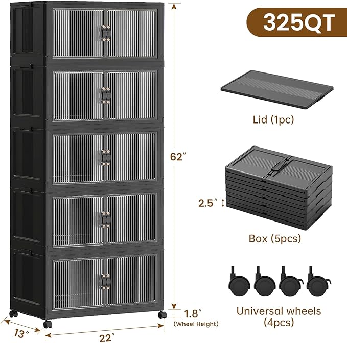 SAILUN 81Gal/325Qt Stackable Storage Bins Folding Collapsible Storage Bins with Lid Closet Organizers and Storage Box with Door Black 22 W x 13 D x 62 H