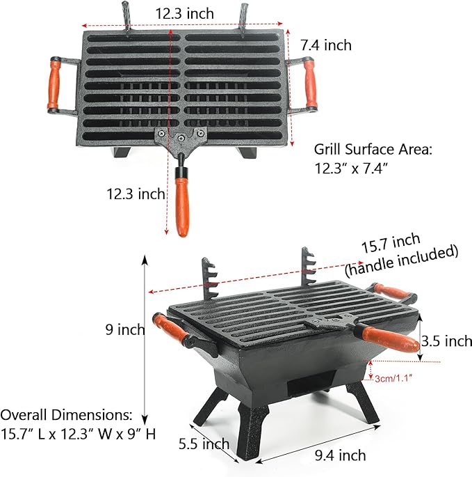 Sungmor Compact Cast Iron Charcoal Grill - Tabletop BBQ Grill with Adjustable Grate &amp Wooden Handles 12” x 7” Ideal for 1-3 People - Portable Heavy-Duty Grill for Camping Balcony &amp Small Spa