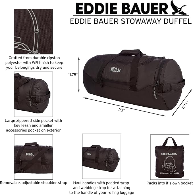 Eddie Bauer Stowaway Packable Duffel Bag | Travel | Foldable | Lightweight | Durable | Ripstop Polyester