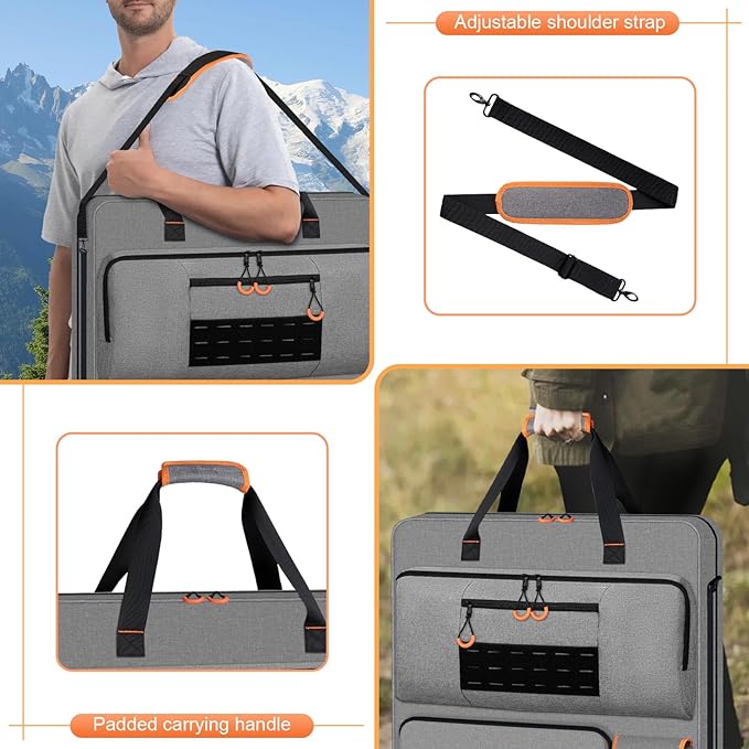 Solar Panel Storage Bag with Orange Lining Deepened Opening Zipper with Pull and Multi-Accessory Space Solar Panel Travel Carrying Case Fit for Jackery SolarSaga 100W 100X 200W Gray