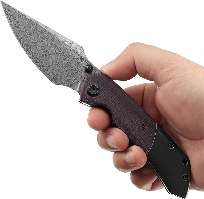 KANSEPT Fenrir Pocket Knife 3.48 Damascus Harpoon Blade Blackwash Titanium Handle Purple Micarta Inlay Thumb Stud &amp Liner Lock with Deep Clip EDC Knives for Camping Hunting Survival K1034Z2