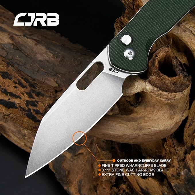CJRB Pyrite-Alt (J1925A) Folding Pocket Knife with 3.11'' Stone Wash AR-RPM9 Wharncliffe Blade Dark Green Micarta HandleButton Lock EDC Knife with Thumb Hole for TacticalOutdoorHiking and Gift