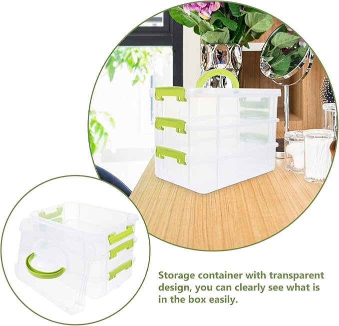 3-Tier Stackable Storage Container Box Handled Organizer Storage Box Stackable Carry Box with Removable Tray Transparent Storage Case Stack Carry Storage Box