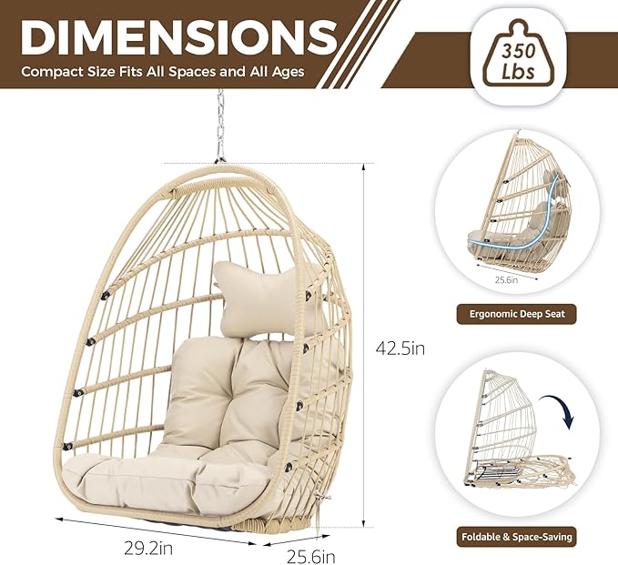 Nicesoul Outdoor Hanging Egg Chair Without Stand Patio Wicker Swing Egg Basket Chairs with Padded Cushion 350 Lbs Comfy Cozy Ceiling Tree Swinging Egg-Shaped Chair No Stand for Indoor Balcony Beige