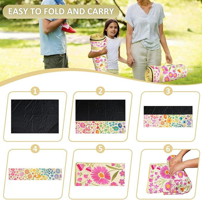 Floral Picnic Blankets Waterproof Foldable 60″X80″ Packable Picnic Mat Flowers Outdoor Blanket for Grass Large Beach Blanket Sandproof Picnic Accessories for Camping Music Festival Park Lawn Travel