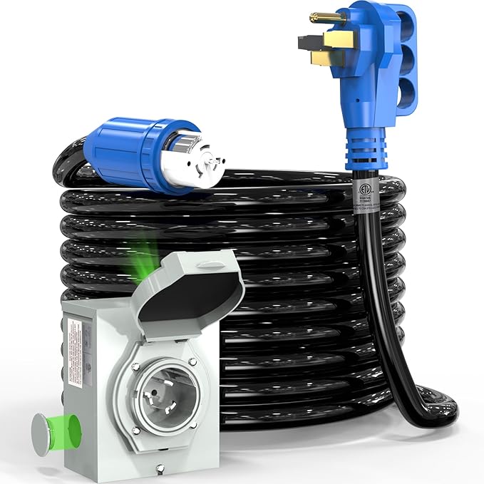 50 Amp Generator Cord and Power Inlet Box 25FT 4 Prone RV Extension Cord 125/250V NEMA 14-50P Male to SS2-50R Twist Locking Connector STW 6/3+8/1 AWG Transfer Switch for Home Generator