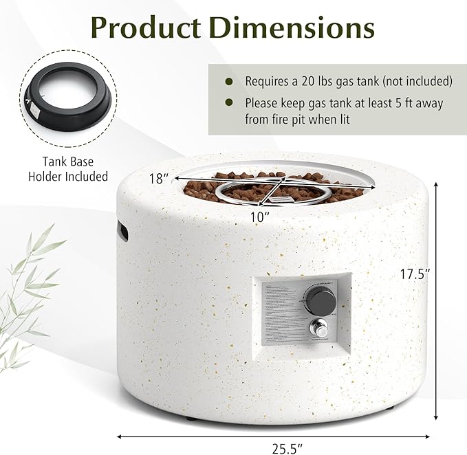 Tangkula Propane Fire Pit Table 25.5” Round Terrazzo Gas Fire Pit with Stainless Steel Burner &amp Lava Rocks Protective Cover &amp Tank Seat Included 40000 BTU Smokeless Fire Pit for Outside Pa