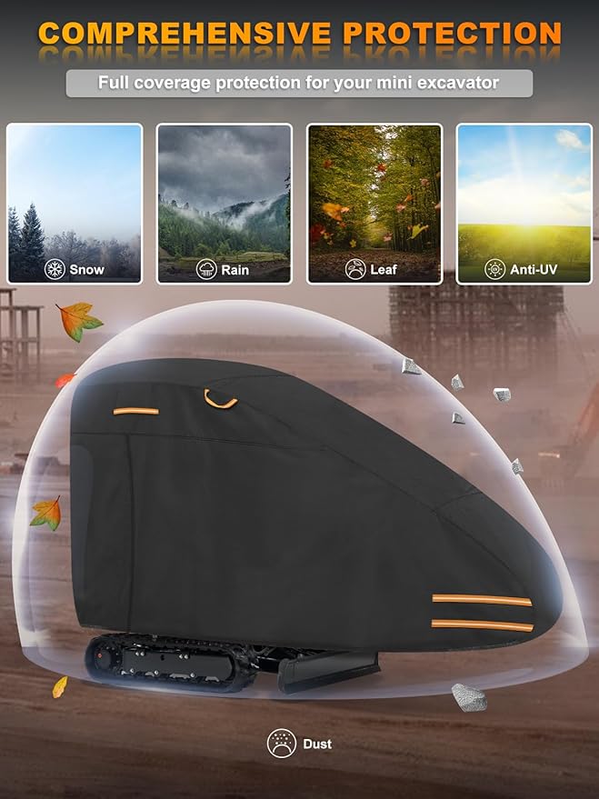Mini Excavator Cover Fits 3000-4000 lbs Models 420D Oxford-Fabric Zippered Excavators Cover Compatible with Bobcat E20/Kubota U17/John Deere 17G/Yanmar ViO17 Waterproof UV Dust Snow Rain Protection