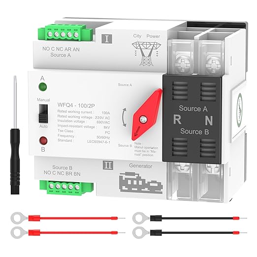 Automatic Transfer Switch 100A AC 220V Dual Power ATS 2P Automatic/Manual Transfer Switch din Rail mounting for Home Generator RVPublic/Backup Power Supply