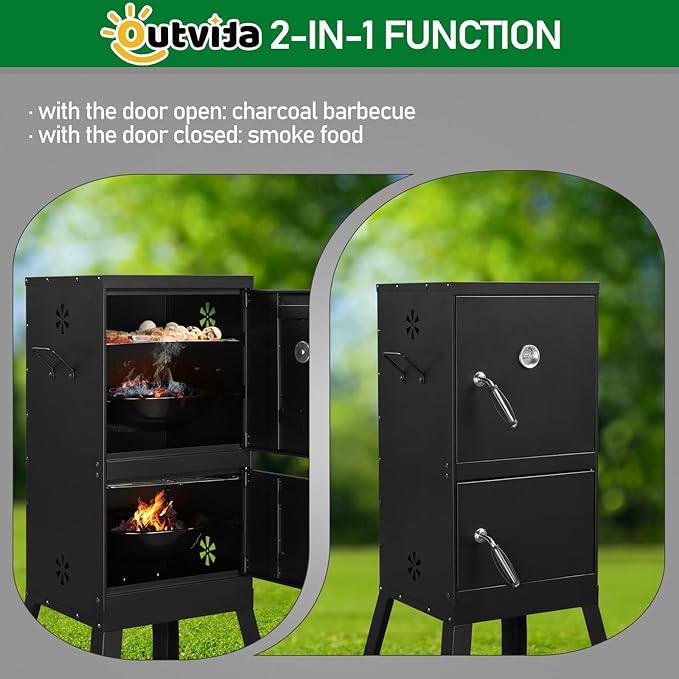 40 Vertical Steel Charcoal Smoker GrillHeavy Duty BBQ GrillsOutdoor Camping Backyard Barbecue GrillMetal Barbecue Smokerswith Thermometerfor Patio Garden Beach Porch Lawn Yard (Black)