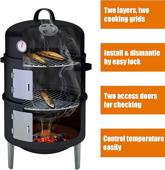 16 BBQ Smoker Grill Built in Thermometer Air Vent and Two more biger Access Doors Multi-Layer Meat Smoker Grill with 3 Heat-resistant Handles Ideal for Outdoor Cooking Camping BBQ