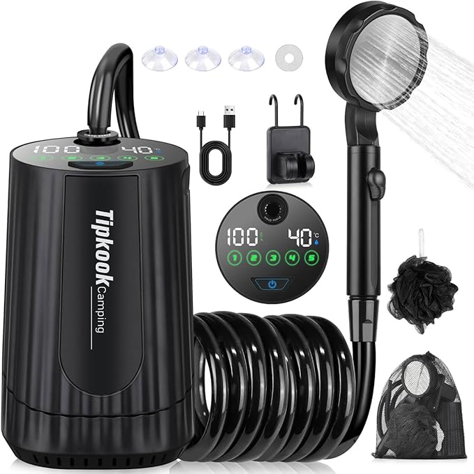 Portable Shower for Camping Essentials: 10000mAh Rechargeable Battery Powered Shower IPX8 Waterproof Camp Shower Pump 5-Speed Outdoor Shower with LED Display Camping Gifts for Men Dog Bath Hiking