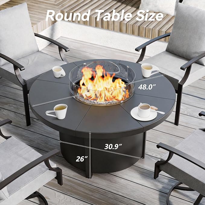 48 Round Propane Fire PitSteel Tabletop Fire Pit w Lava Rocks55000 BTU Auto-Ignition CSA Certified Gas Fire Pits with Lid &amp Windproof Glass for OutdoorPatioBackyard