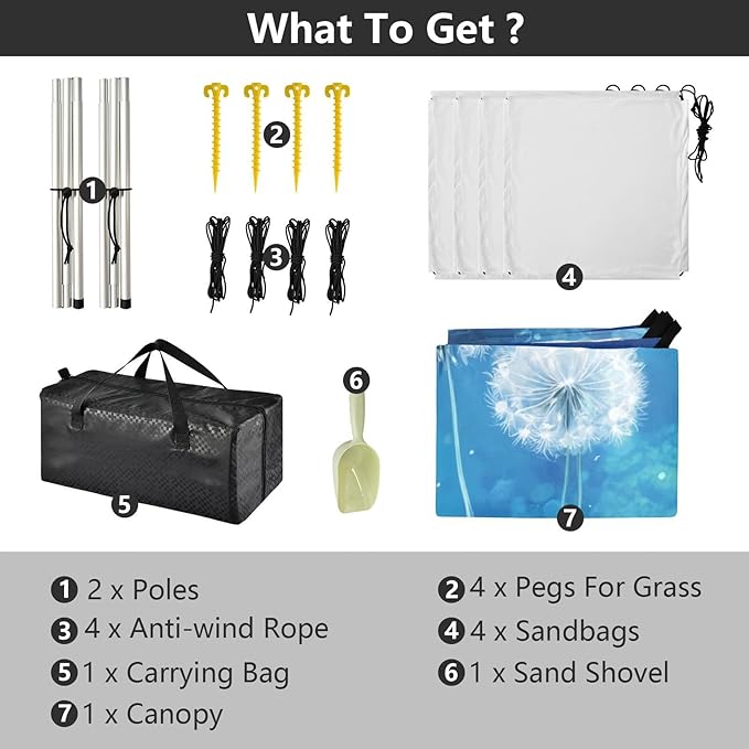 White Dandelions Foldable Beach Canopy UPF50+ Lightweight Large Sun Shelter with Sandbags &amp Sand Shovel for Camping Picnics Backyard &amp Fishing