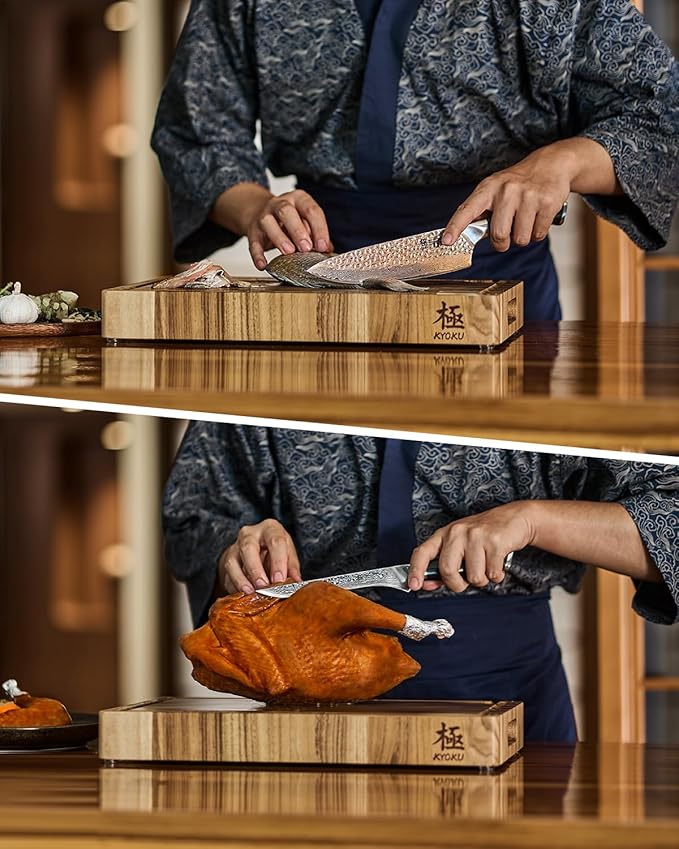 KYOKU Knife Set Shogun Gin Series 2pc Japanese Style Kitchen Knife Set 7 Boning 8 Chef Knife with Silver Ion Blade Sheath Gift Box Sharp Damascus Stainless Steel Knives for Meat Vegetable