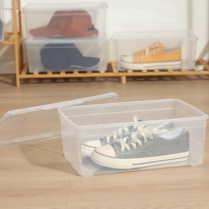 novelinks 12 Pack 6QT Plastic Storage Bins with Lids Stackable Clear Containers with Latches Durable Nestable Boxes for Office Home Garage Shoes Organization