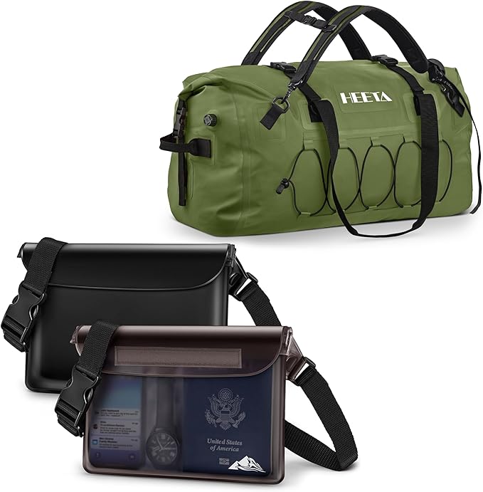 HEETA 2-Pack Waterproof Fanny Pack Pouch (Black &amp Grey) Bundled with Waterproof Duffel Bag Motorcycle Dry Bag (Green 60L)