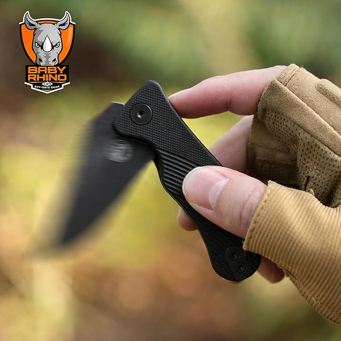 Off-Grid Gear Baby Rhino Compact Pocket Knife - Sandvik 12C27 G10 Scales Lightweight Design for Camping Hiking and Fishing (Nightfall)