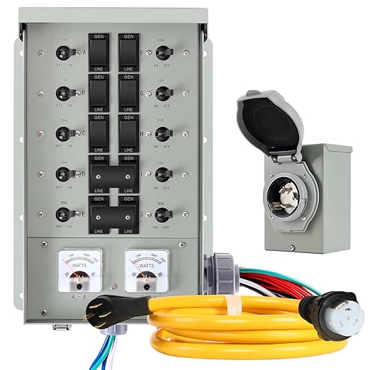 50 Amp Generator Transfer Switch Kit10-Circuits12000W Indoor&ampOutdoorNEMA 3R Include 10 Foot Cord and 50 Amps Inlet Box Easy to Install5 Years Warrnaty