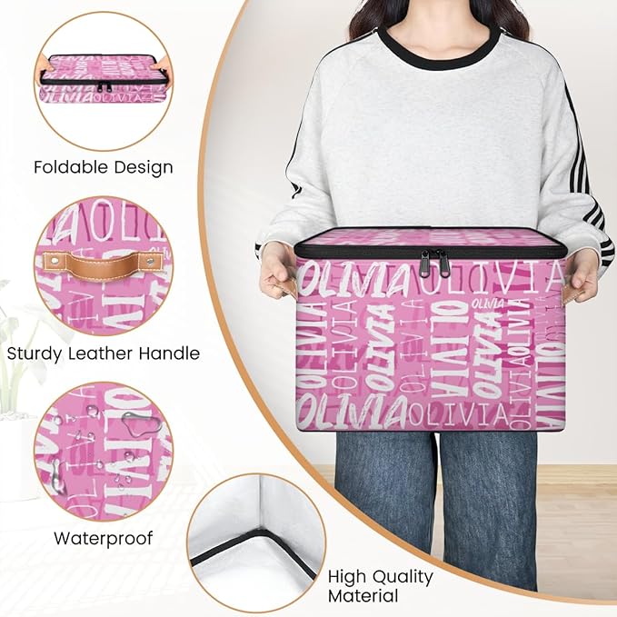 Custom Storage Bins with Zipper Lid Personalized Pink White Fabric Lidded Storage Baskets Boxes Foldable Cubes Clothes Organizer Container
