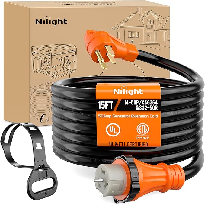 Nilight 50 Amp 15FT Generator Extension Cord 250V 12500Watt Heavy Duty 6/3+8/1 Gauge Pure Copper STW Wire UL Listed 4 Prong 14-50P SS2-50R&ampCS6364 Twist Lock for RV Camper Outdoor Use