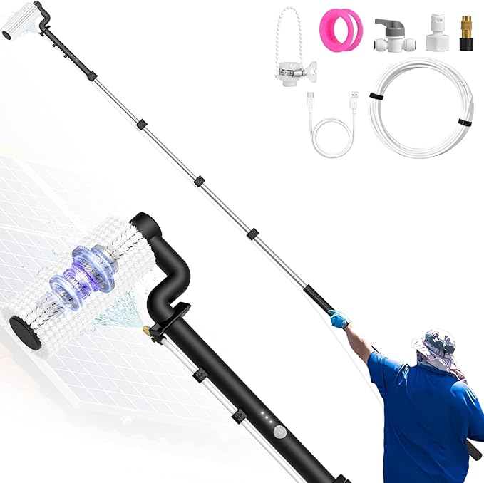 Solar Panel Cleaning Brush and Pole 20FT Electric Cleaning Roller Brush with Telescopic Water Fed Pole 100Mins Runtime 2 Spin Speeds Outdoor Window Cleaning System for Solar Panel Window Roof