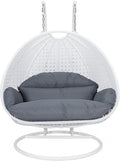 LeisureMod 2 Person Hanging Egg Chair Indoor Outdoor Patio Lounge Swing with White Stand &amp UV-Resistant Cushions Hammock Chair for Bedroom &amp Garden Dark Grey