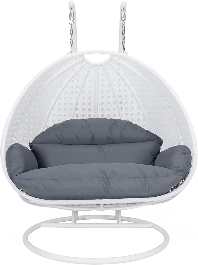 LeisureMod 2 Person Hanging Egg Chair Indoor Outdoor Patio Lounge Swing with White Stand &amp UV-Resistant Cushions Hammock Chair for Bedroom &amp Garden Dark Grey