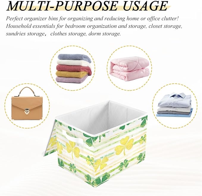 St. Patrick's Day Storage Baskets with Lids Shamrock Collapsible Bins Stackable Fabric Linen Baskets Closet Organizer Container 16.5x12.6x11.8