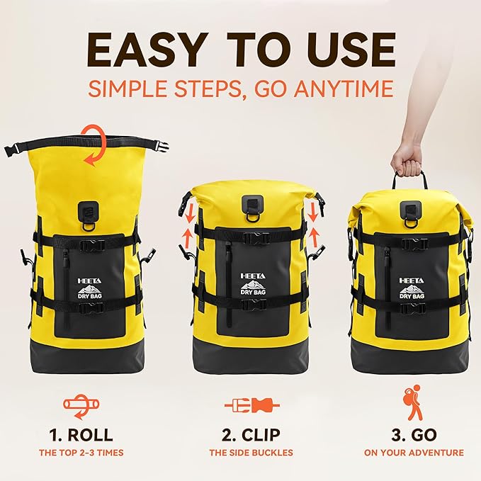 HEETA Dry Bags Waterproof Backpack 40L for Men &amp Women Roll Top Heavy Duty Cushioned Hiking Backpack for Kayaking Boating Paddle Boarding Fishing Travel Camping Beach Vacation Cruise Ship Essenti