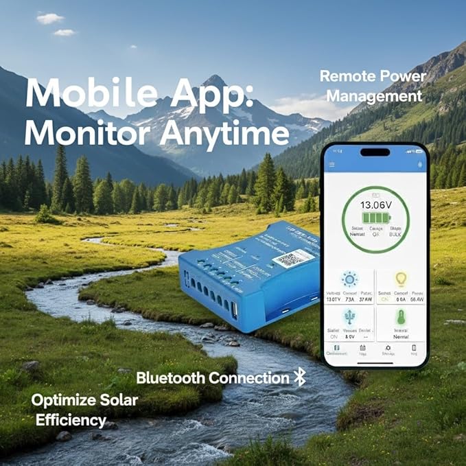 20A Bluetooth Solar Charger Controller 12V/24V Intelligent Regulator Solar Panel Battery Charging Statistics Pwm with USB Port 12V24V Lead-Acid/Lithium Battery