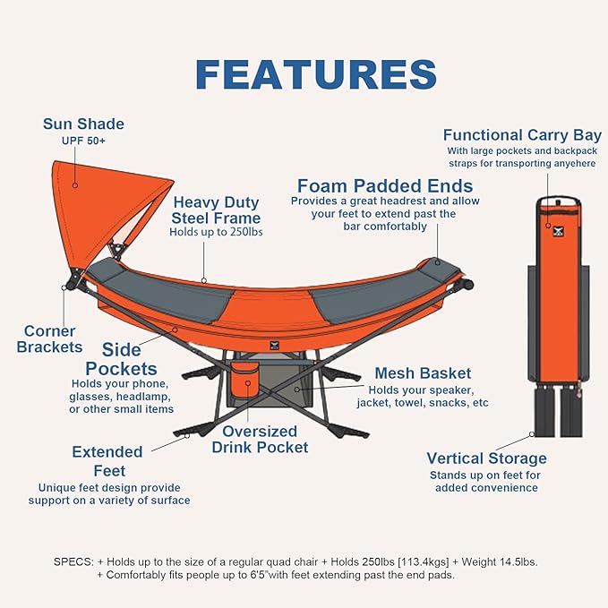 Portable Hammock with Stand World's Best Mock ONE® Hammock Compact Folding Framed Hammock with Adjustable Sunshade Canopy for Park Backyard Garden Camping Hiking Mountaineering Beaches- Orange