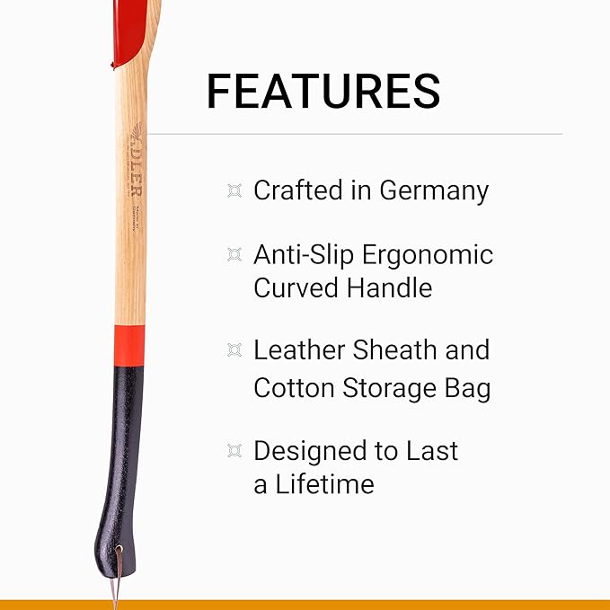 Adler Super Splitter – German Forged Splitting Axe 6.2 lb Hollow-Forged Wedge Maul 31 Hickory Handle with Anti-Slip Grip Heavy Duty Firewood Axe with Premium Leather Sheath (A11)