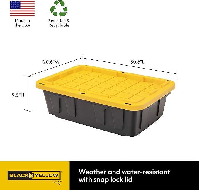 CX BLACK &amp YELLOW 15-Gallon Heavy Duty Tough Storage Container &amp Snap-Tight Lid (9.5H x 20.6W x 30.6D) Weather-Resistant Design and Stackable Organization Tote [3 Pack]