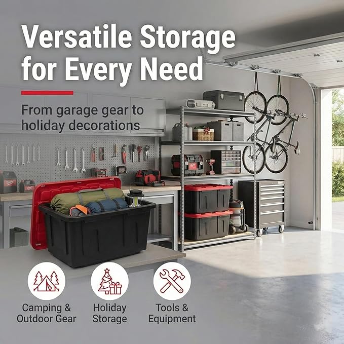 27 Gallon Heavy-Duty Storage Totes with Secure Snap Lids 4-Pack Stackable Plastic Bins for Garage Basement Attic Organization - Black Base &amp Red Lid Lockable Design for Indoor/Outdoor Use (4 P
