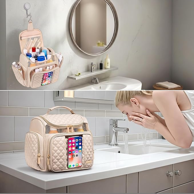 Large Leather Toiletry Bag for Women MenBathroom BagWater Resistant Shower BagMakeup BagPortable Shower Caddy for College DormHanging Travel Toiletry Bag with Transparent Waterproof Phone Pocket
