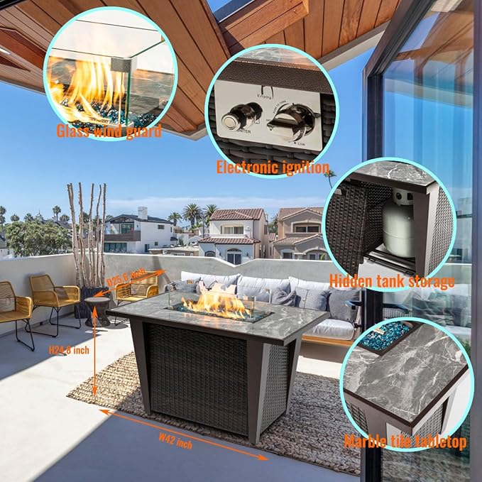 42'' Propane Fire Pit Table Marble Tile Ceramic Tabletop with Glass Wind Guard 50000 BTU Fire Table with Inclined Leg and Art Powder Design Blue Glass Rocks Including Lid&ampCover Brown