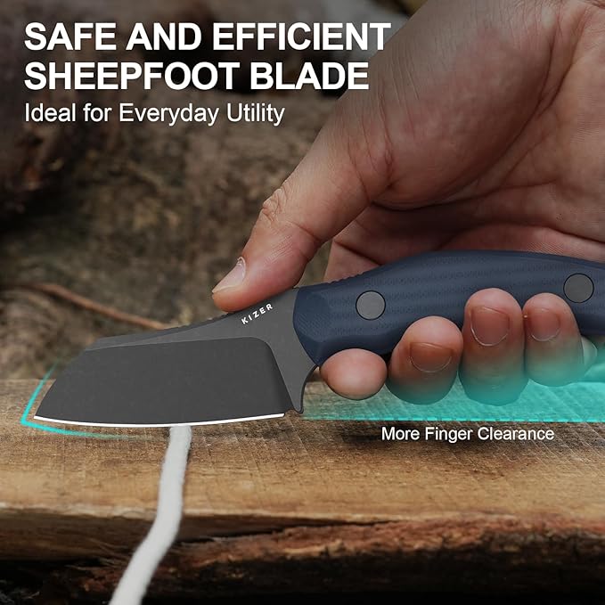 Kizer Bulldog Fix Fixed Blade Knife 2.97 Sheepsfoot 14C28N Blade Hunting Knife with Sheath Blue G10 One-Piece Handle EDC Camping Knives for Outdoor Survival 1116A1