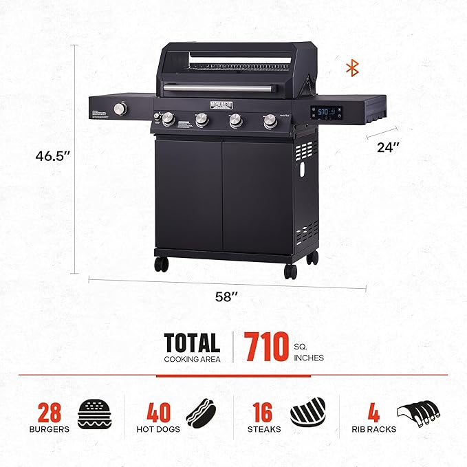 Monument Grills 4+1 Liquid Propane Gas Smart BBQ Grill 4 Burners &amp 1 Side Burner Denali 425 with Smart Technology and Knob Controls Black