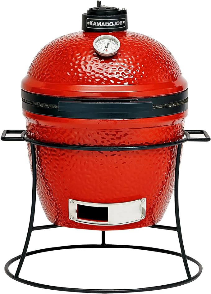 Kamado Joe Joe Jr 13.5-inch Portable Ceramic Charcoal Grill with Grill Stand Stainless Steel Cooking Grate Heat Deflectors and Ash Tool in Red Model KJ13RH