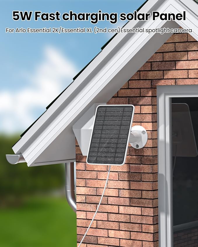 5W Solar Panel Charger Compatible with Arlo Essential 2K Outdoor Camera(2nd Gen)/Essential Outdoor XL(2nd Gen)/Essential Spotlight IP65 Waterproof 10ft USB-C &amp Micro USB Cable &amp Wall Mount 3